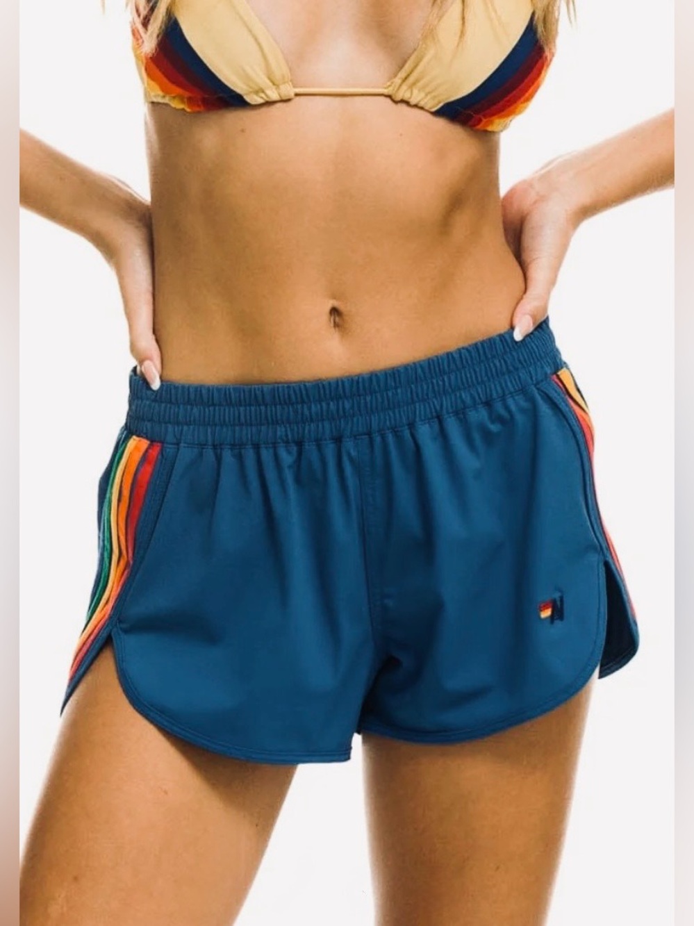 Aviator Nation Women’s 5 Stripe Flex Board Shorts - Deep Ocean/Rainbow Size S